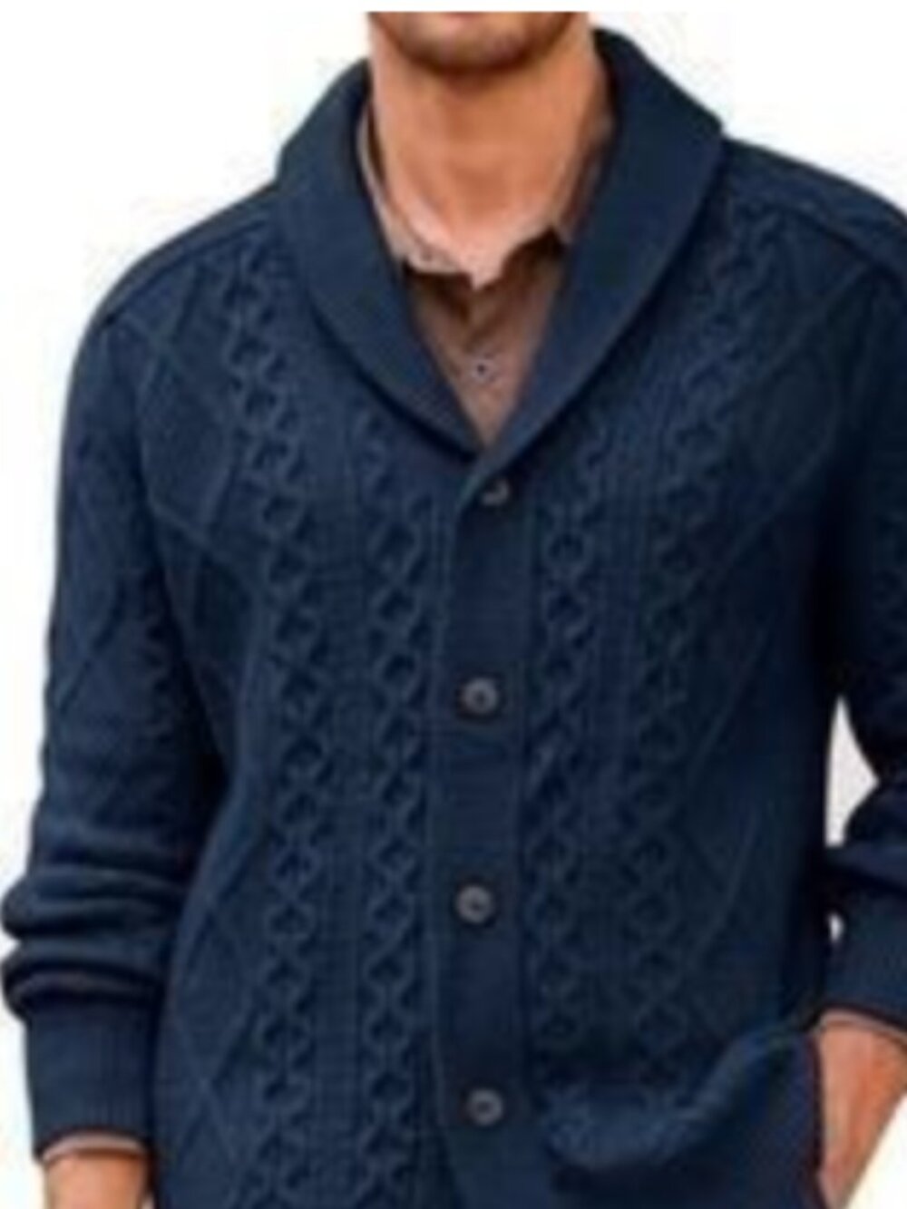 Massimo Dutti Men's Wool Cashmere Navy Fisherman Sweater Shawl-Collar Cardigan M